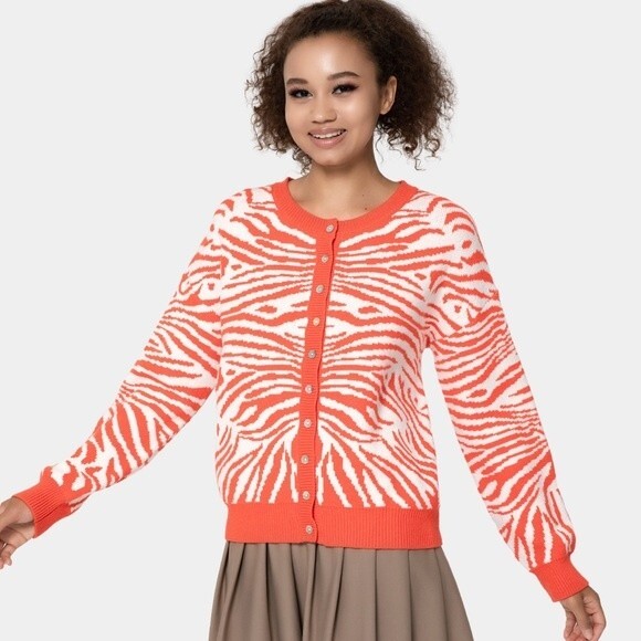 Halara Orange sz M Round Neck Button Front Animal Print Cardigan - Picture 1 of 12